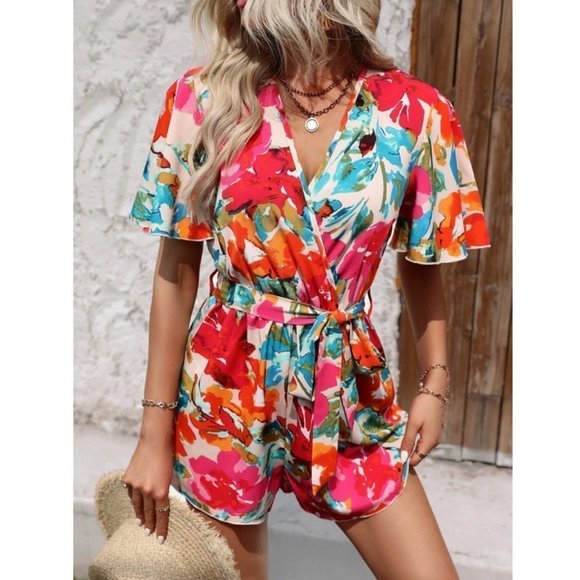 Floral Butterfly Sleeve Belted Romper - Picture 3 of 5